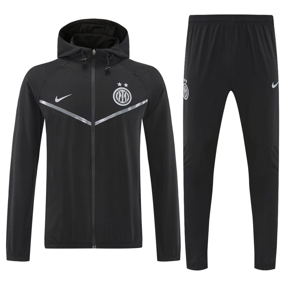 Black athletic tracksuit set consisting of a hooded, full-zip jacket and matching jogger pants, featuring a white Nike swoosh and an Inter Milan crest with two stars on the chest and leg.