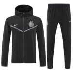 Black athletic tracksuit set consisting of a hooded, full-zip jacket and matching jogger pants, featuring a white Nike swoosh and an Inter Milan crest with two stars on the chest and leg.