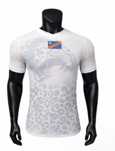 White fitted sports tee on a mannequin featuring a pale tiger graphic and a small flag patch on the chest.
