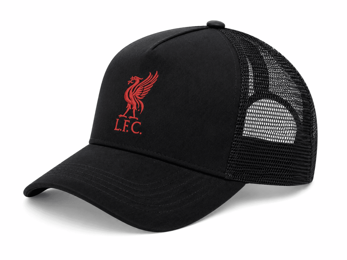 Black baseball cap with red Liverpool FC crest on the front panel and a mesh back mesh-style trucker hat
