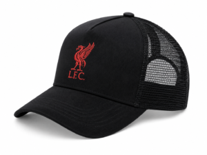 Black baseball cap with red Liverpool FC crest on the front panel and a mesh back mesh-style trucker hat