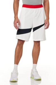 Male model wearing white athletic shorts with a black diagonal stripe, red elastic waistband, paired with white socks and sneakers.