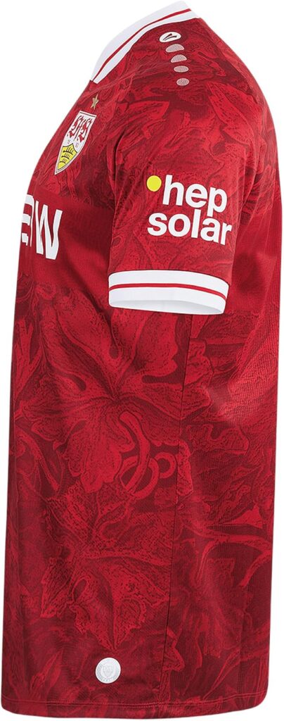 Red football jersey shown from the side, featuring white-trimmed sleeve, a team crest on the chest, and the white 'hep solar' sponsor logo on the front.