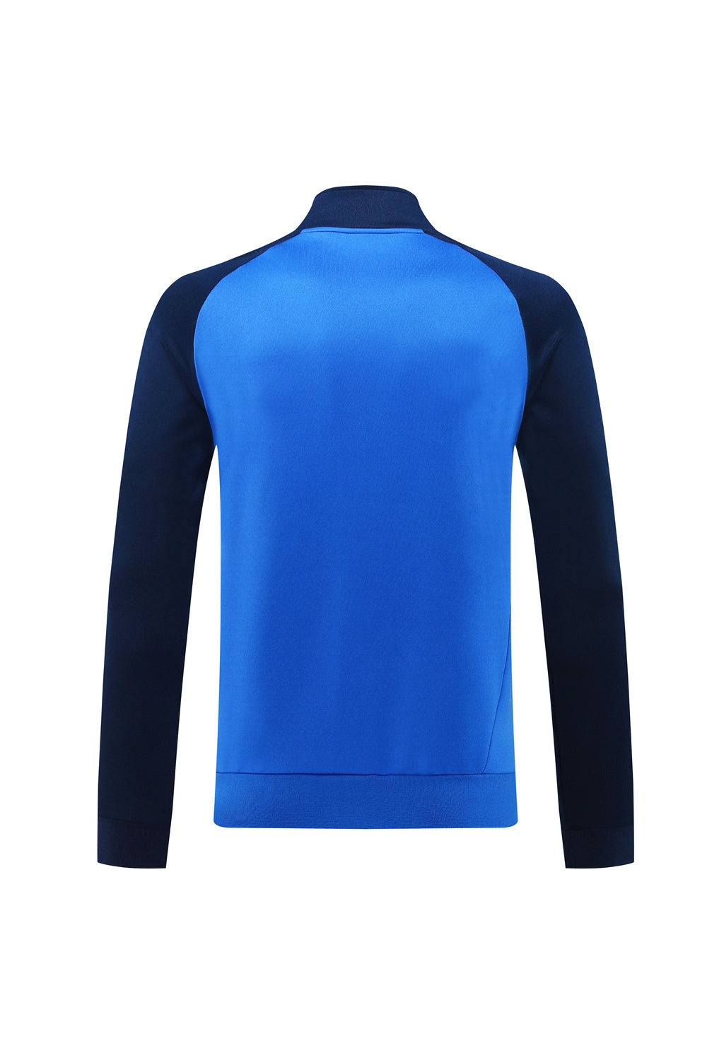 71e4fc0f | UAE SPORT STORE Back view of a two-tone athletic pullover: bright blue torso with dark navy sleeves and a high collar