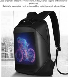 Black backpack featuring a front LED display showing a cyclist graphic on the panel