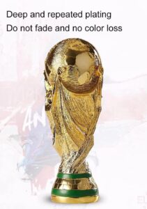 Golden trophy with a sculpted hand design and a green-gold base; bold text above reads: 'Deep and repeated plating Do not fade and no color loss'