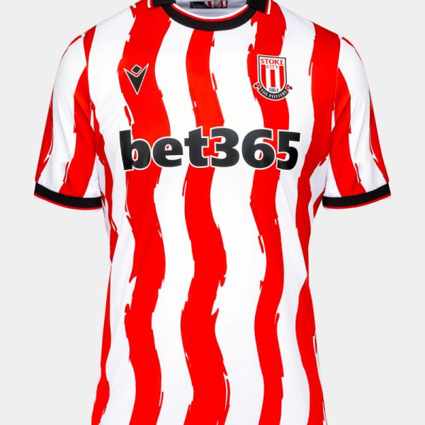 Stoke City FC home jersey with red and white vertical stripes and bet365 sponsor logo on the chest.