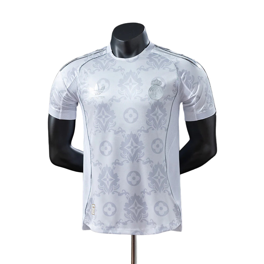 730b9618 Light gray Real Madrid football jersey with Louis Vuitton monogram pattern on a display mannequin