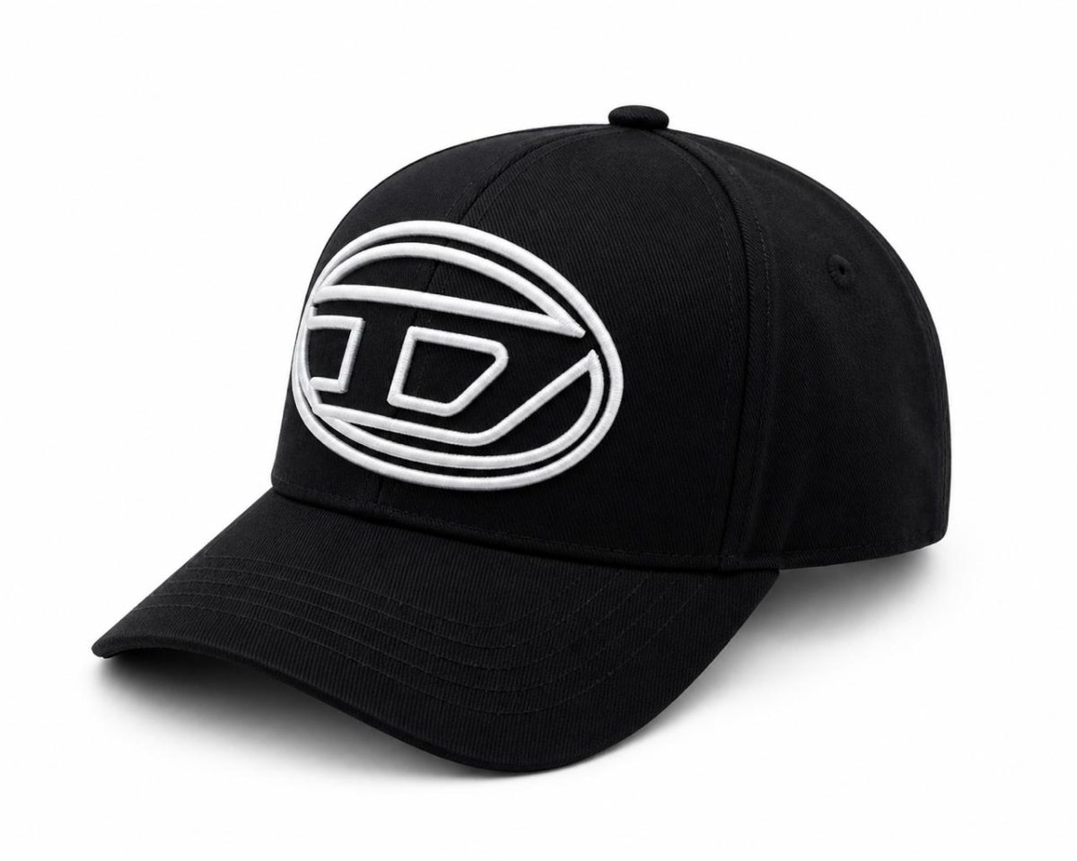 Black baseball cap with a white embroidered circular geometric logo on the front paneling back against a white background.