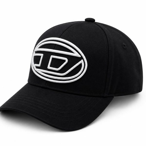 Black baseball cap with a white embroidered circular geometric logo on the front paneling back against a white background.