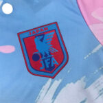Japan Football Association emblem on a light blue sports jersey, featuring a red shield with a blue eagle and 'JFA' lettering.