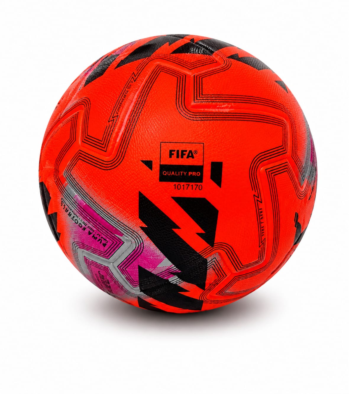 73bcbd43-5c3f-4d68-bd6b-8df32c231f58 | UAE SPORT STORE Red soccer ball with bold black geometric patterns and a FIFA Quality Pro logo on a white background