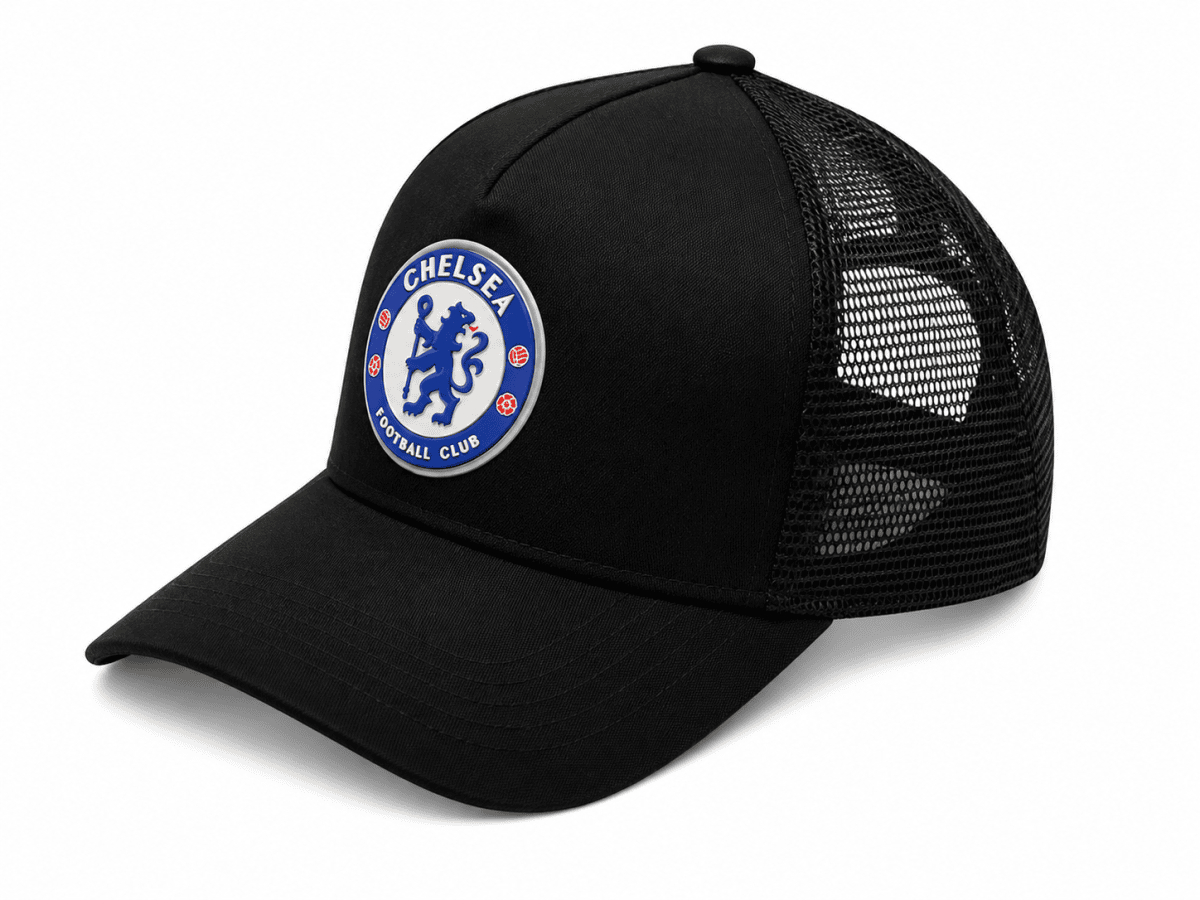 Black baseball cap with Chelsea Football Club crest on the front panel, mesh back, white and blue patch.