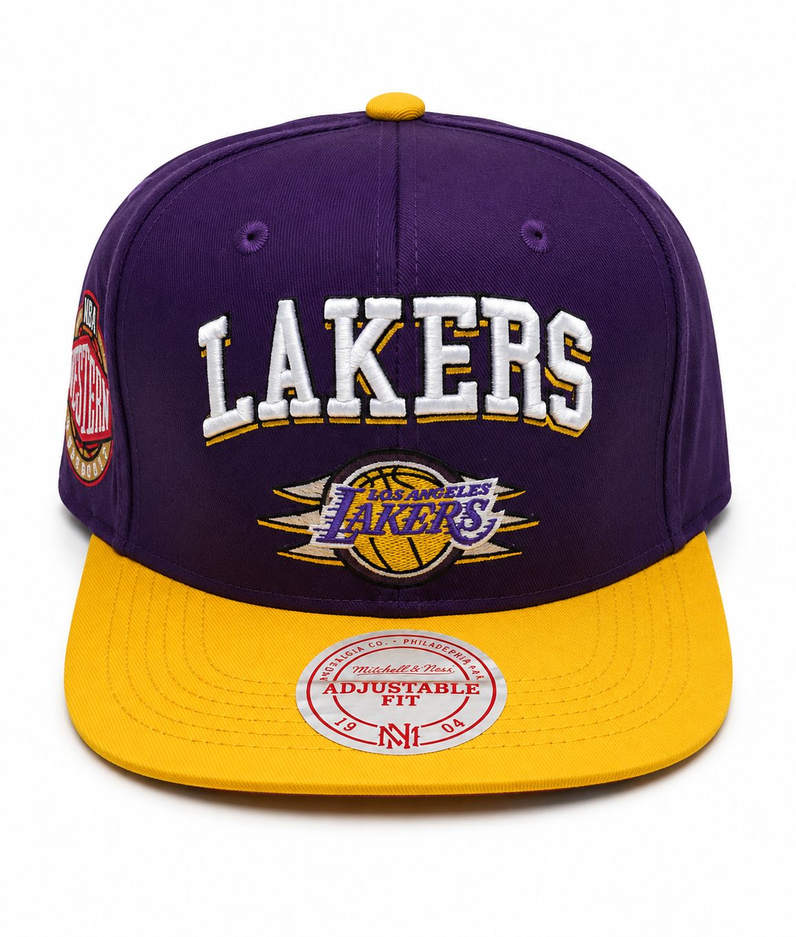 74a38342-7192-4fb3-96b5-42f8856c695e Purple Lakers cap with a yellow brim and embroidered 'LAKERS' on the front