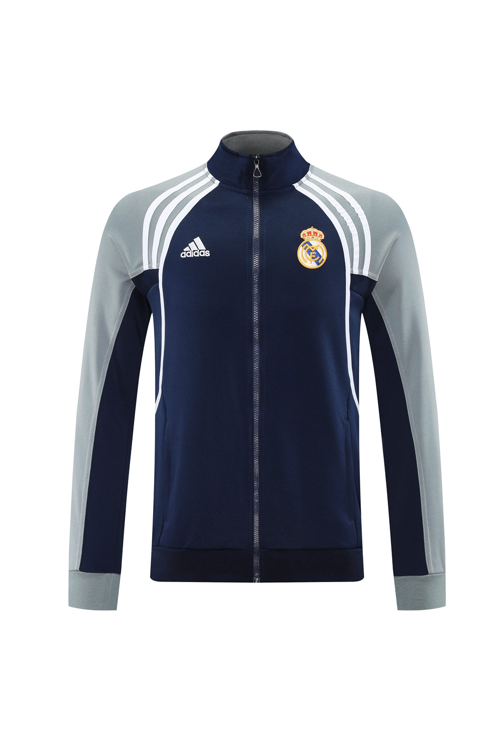 74b28076 | UAE SPORT STORE Navy Real Madrid Adidas track jacket with light gray sleeves, white shoulder stripes, full front zipper, Real Madrid crest on the left chest.