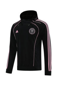 Black Adidas hoodie with pink piping and three pink stripes down the sleeves, front chest logo, and drawstring hood.