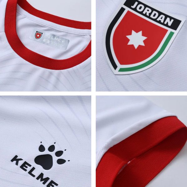 Collage of a white sports jersey showing a red collar, a Jordan shield badge, a Kelme paw logo, and a red-trim sleeve cuff.