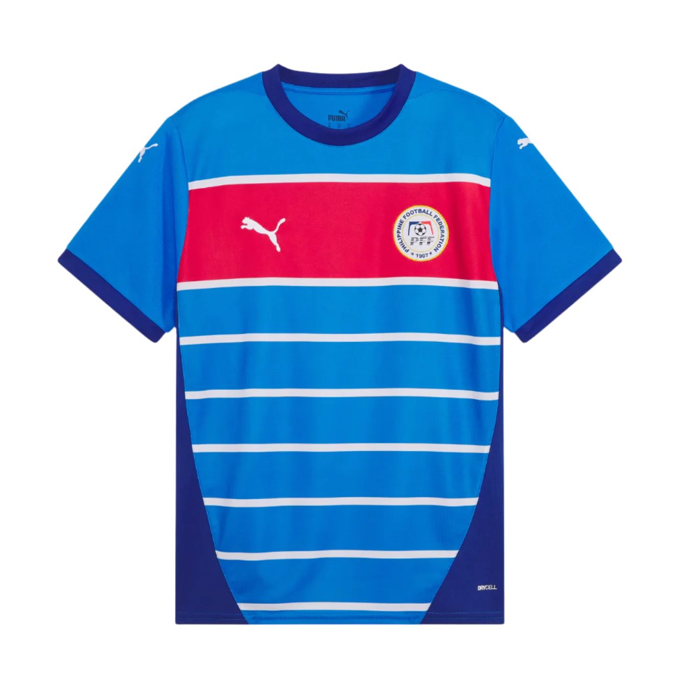 75092e3b-dcdc-4e3b-a383-b28deb35a023 | UAE SPORT STORE Blue soccer jersey with white horizontal stripes and a red chest band, featuring a circular federation crest on the left chest and Puma logos.