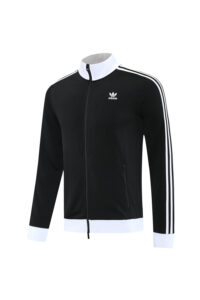 Black Adidas track jacket with a white stand collar, zipper front, and three white stripes down the sleeves.