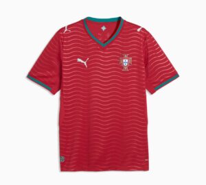 7515ef18-5bbe-40e7-8491-0021f211e03a | UAE SPORT STORE Red Portugal national team soccer jersey with turquoise trim and wavy pattern, features crest on the left chest and white Puma logos.