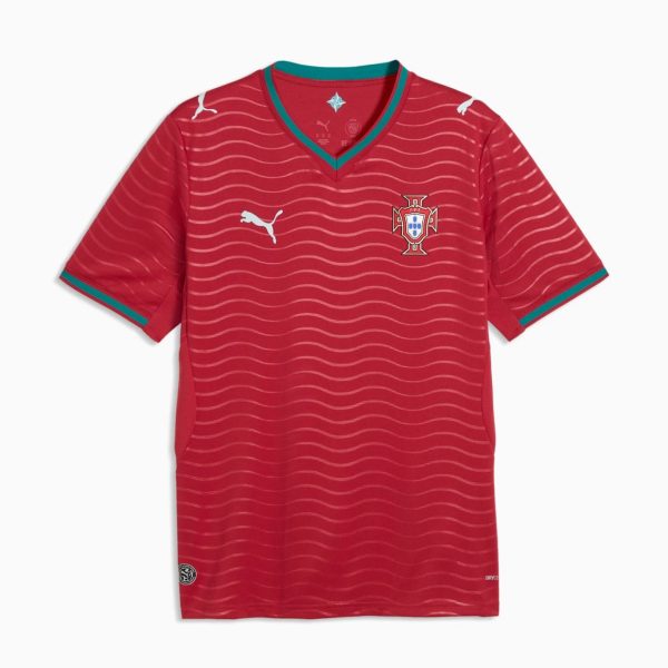 Red Portugal national team soccer jersey with turquoise trim and wavy pattern, features crest on the left chest and white Puma logos.