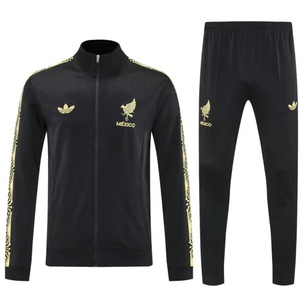 Black track jacket and pants set in black with gold Mexico crest and eagle emblem; gold decorative stripes along sleeves and leg seams, full-zip jacket with elastic cuffs and waistband.