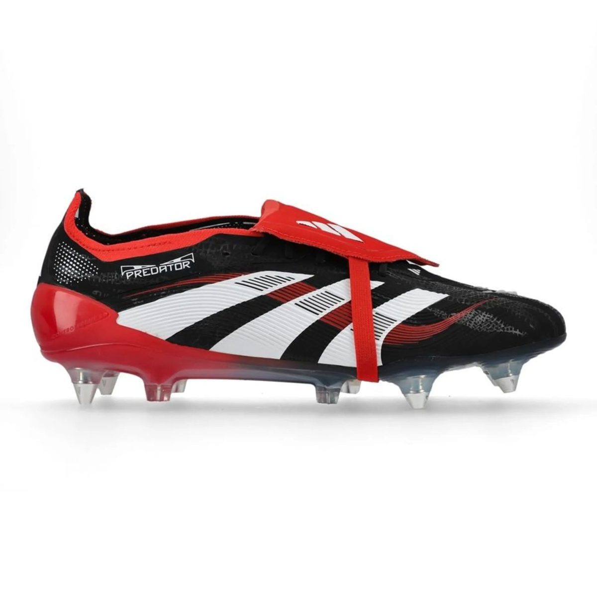 Red and black Adidas Predator soccer cleat with white stripes and red laces, shown from a side angle on a white background.