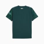 Teal athletic shirt with geometric pattern on sleeves, viewed from back. Small circular badges near collar.