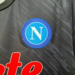 Close-up of a blue circular patch with a white 'N' on dark fabric.