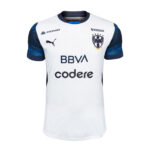 Front-view white soccer jersey with navy sleeves, blue collar, and sponsor logos BBVA and Codere on chest