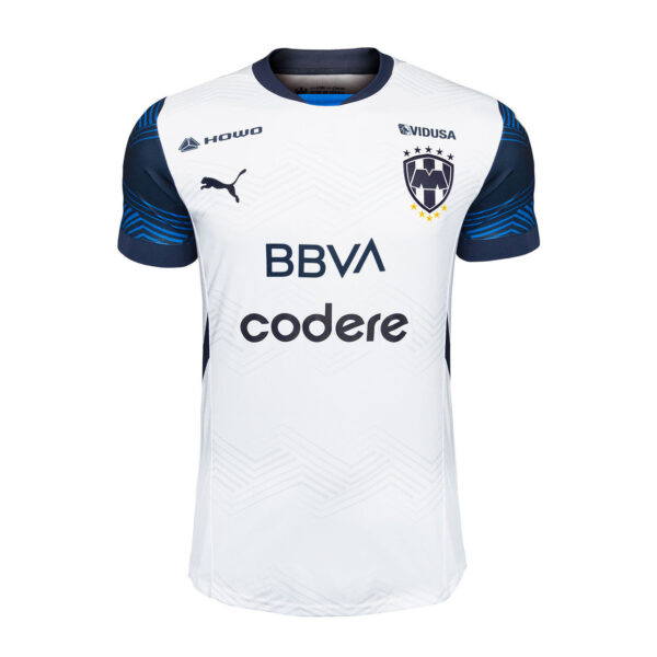 Front-view white soccer jersey with navy sleeves, blue collar, and sponsor logos BBVA and Codere on chest