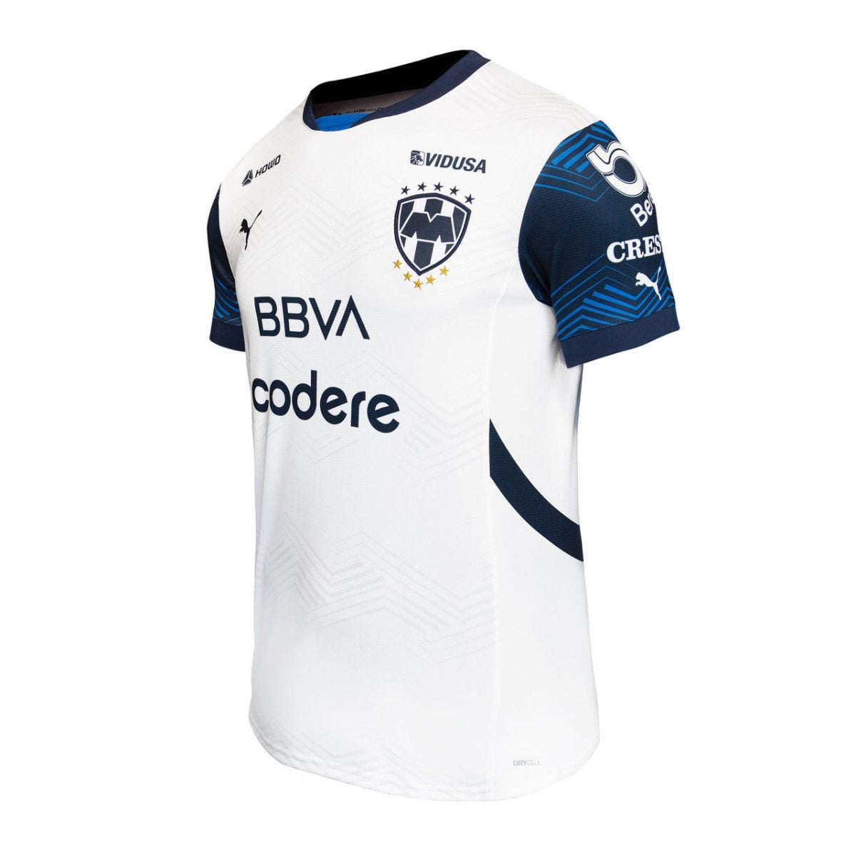 Front view of a white soccer jersey with navy sleeves, club crest, and sponsor logos (BBVA, codere).