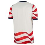 Back view of a white short-sleeve sports jersey with red wavy stripes along the hem and on the sleeves, navy trim at cuffs and collar.”] ,
