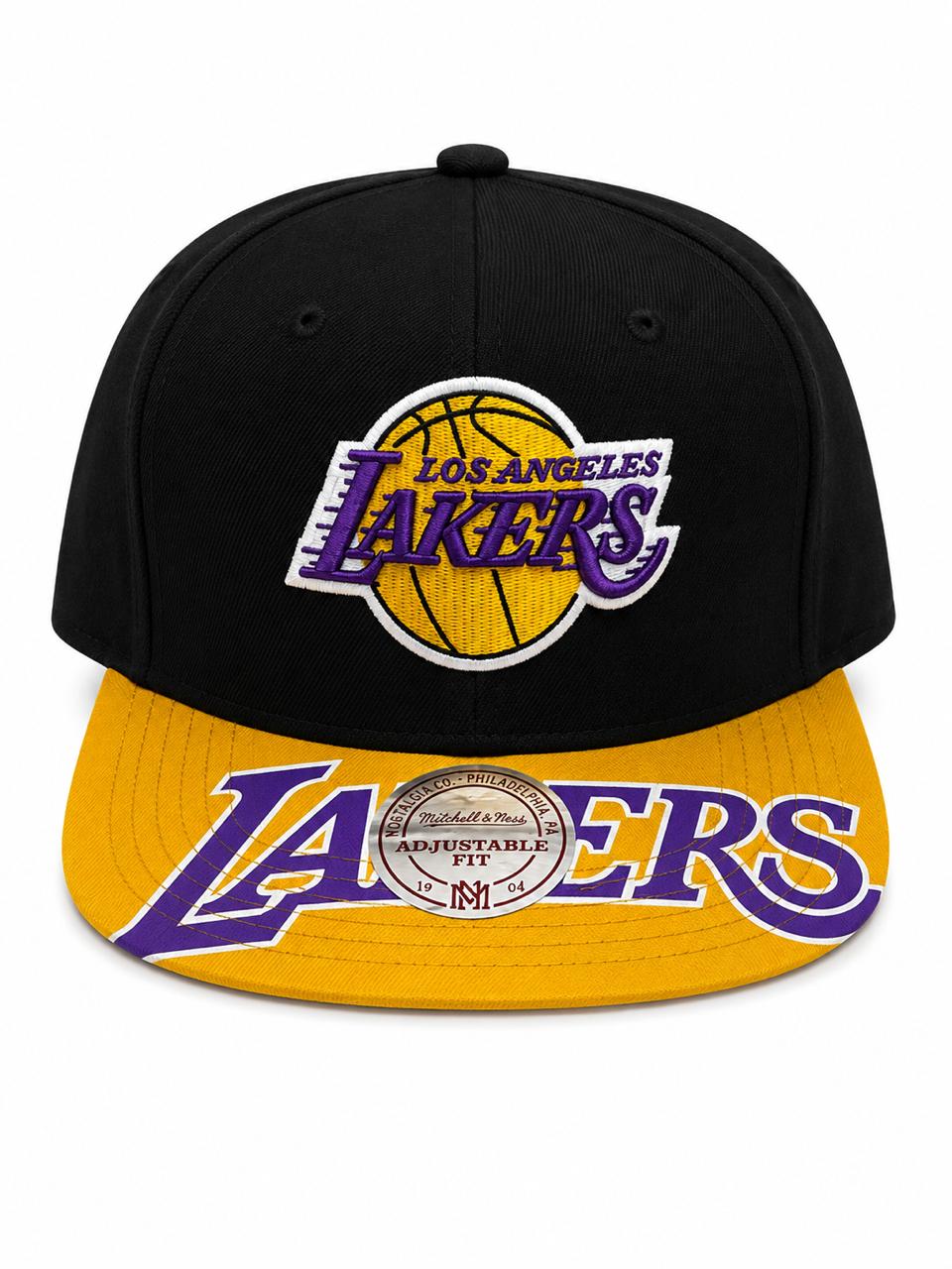 76764872-0a7c-493b-87d9-679f96ae5412 | UAE SPORT STORE Black Lakers cap with a yellow brim and purple 'LAKERS' logo embroidered on the front panel and a white sticker on the brim.