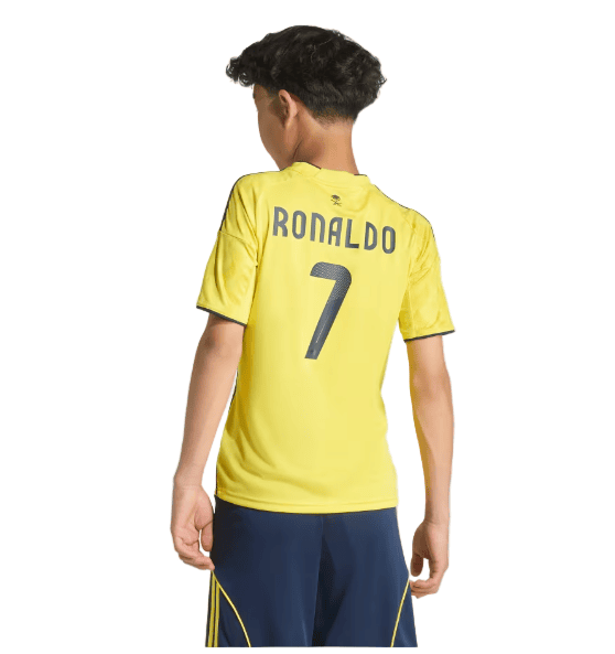 76_2506be89-2581-483d-a96a-1771e91b998a | UAE SPORT STORE Back view of a person wearing a yellow sports jersey with 'RONALDO' and the number 7 on the背, paired with dark shorts