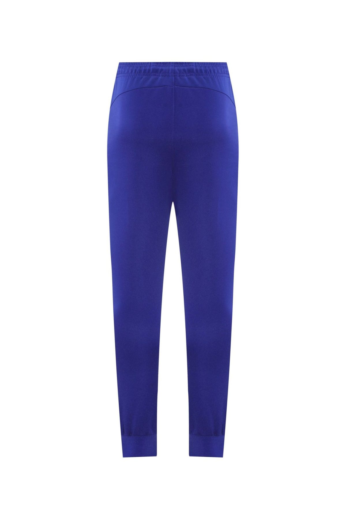 Back view of royal blue athletic pants with an elastic waistband and curved seam details at the hips.