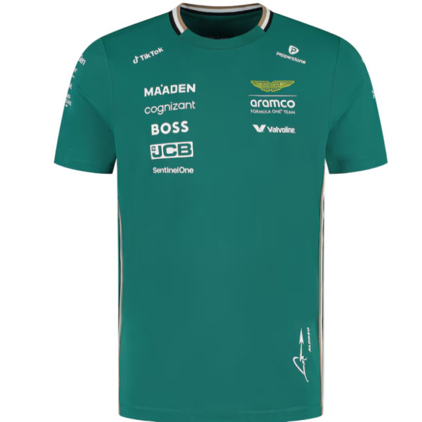 Teal team jersey displaying sponsor logos on chest and sleeves, with white side piping and a high neckline.
