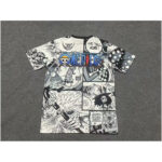 770a5abb440fd95b-1-800x800-1 | UAE SPORT STORE White manga-collage T-shirt featuring One Piece branding and comic panels, laid flat on a gray carpet.