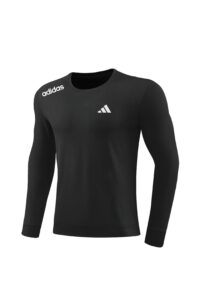 Black long-sleeve compression shirt with white Adidas branding on the left shoulder and center chest.