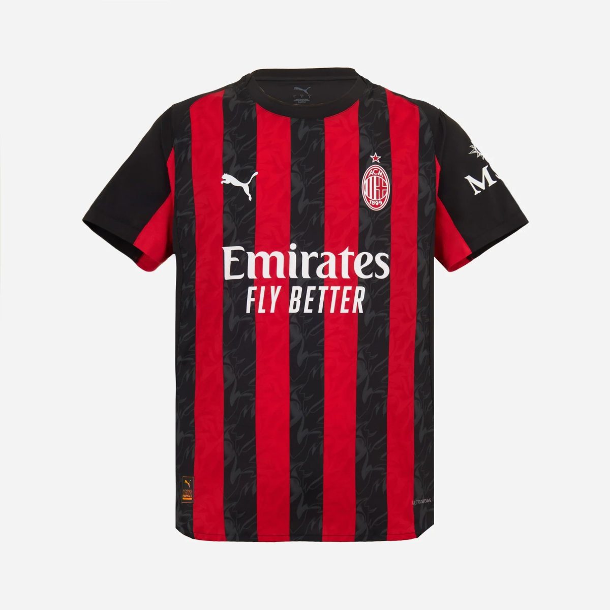 AC Milan home jersey with red and black vertical stripes, Emirates sponsor, Puma logo and club crest on chest
