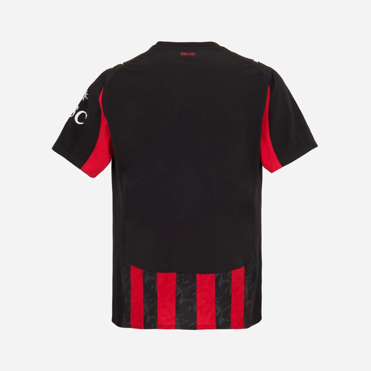 Back view of a black sports shirt with red vertical stripes along the lower back and red side panels; MILAN text at the neck.