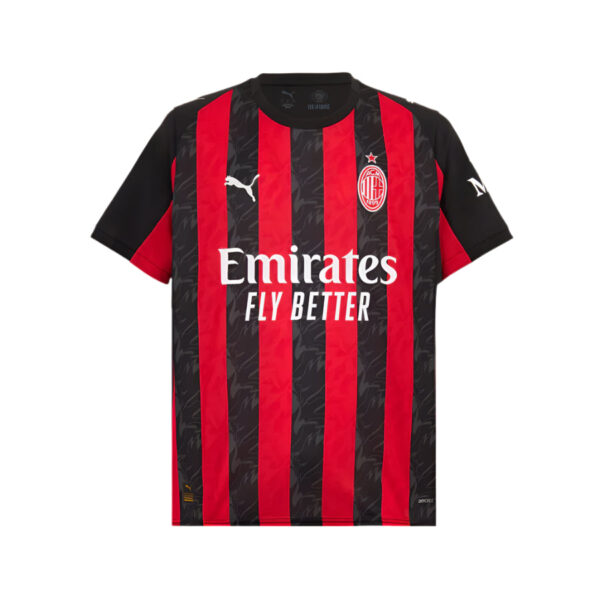 AC Milan soccer jersey with red and black vertical stripes, featuring Emirates Fly Better sponsor and club crest on chest