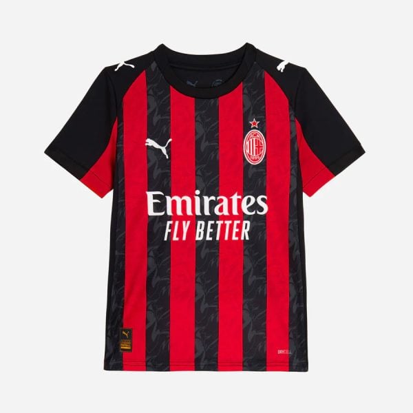 AC Milan home football jersey with red and black vertical stripes, club crest, and Emirates Fly Better sponsor