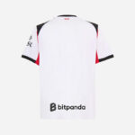 White sports jersey back view with black shoulder panels and red accents, sponsor 'bitpanda' at the lower back, small red 'MILAN' at the neckline.