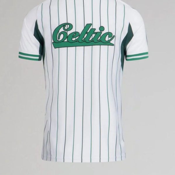 White Celtic football jersey with vertical green pinstripes seen from the back, featuring a green script logo across the mid-back.