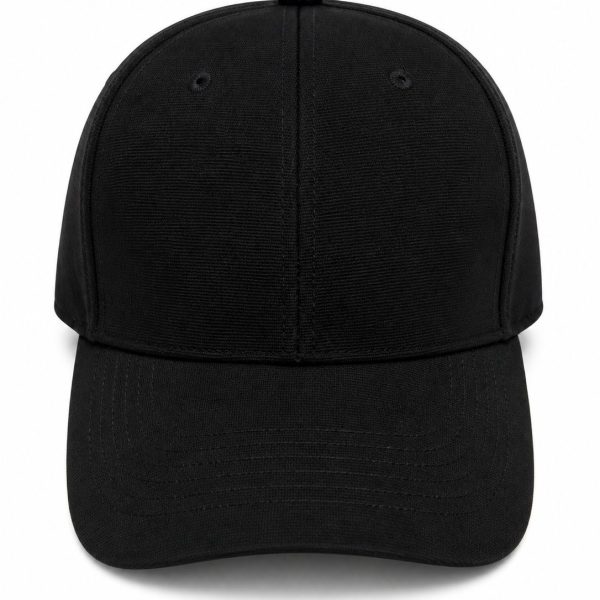 Front view of a plain black baseball cap with a curved brim and top button visible at the crown.