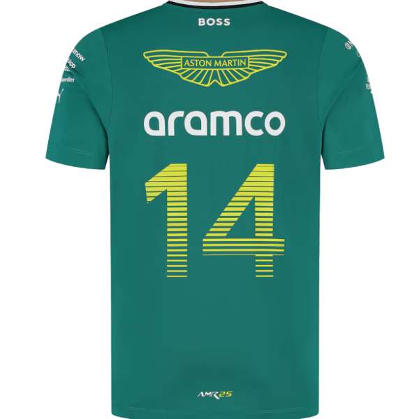 Teal Aston Martin racing jersey back with a yellow-striped number 14 and sponsor logos (Aramco, AMR25).