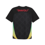 Back view of a black short-sleeve tee with red 'DIAVOLI' text, a gray arrow-pattern across the back, and green-to-yellow side panels.