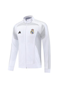 White Real Madrid zip-up track jacket with crest on the left chest and Adidas logo on the right, full-length zipper.