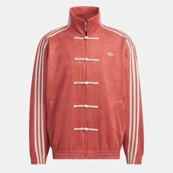 Red Adidas track jacket with white stripes along the sleeves, stand collar, and toggle closures down the front; small Trefoil logo on the left chest.